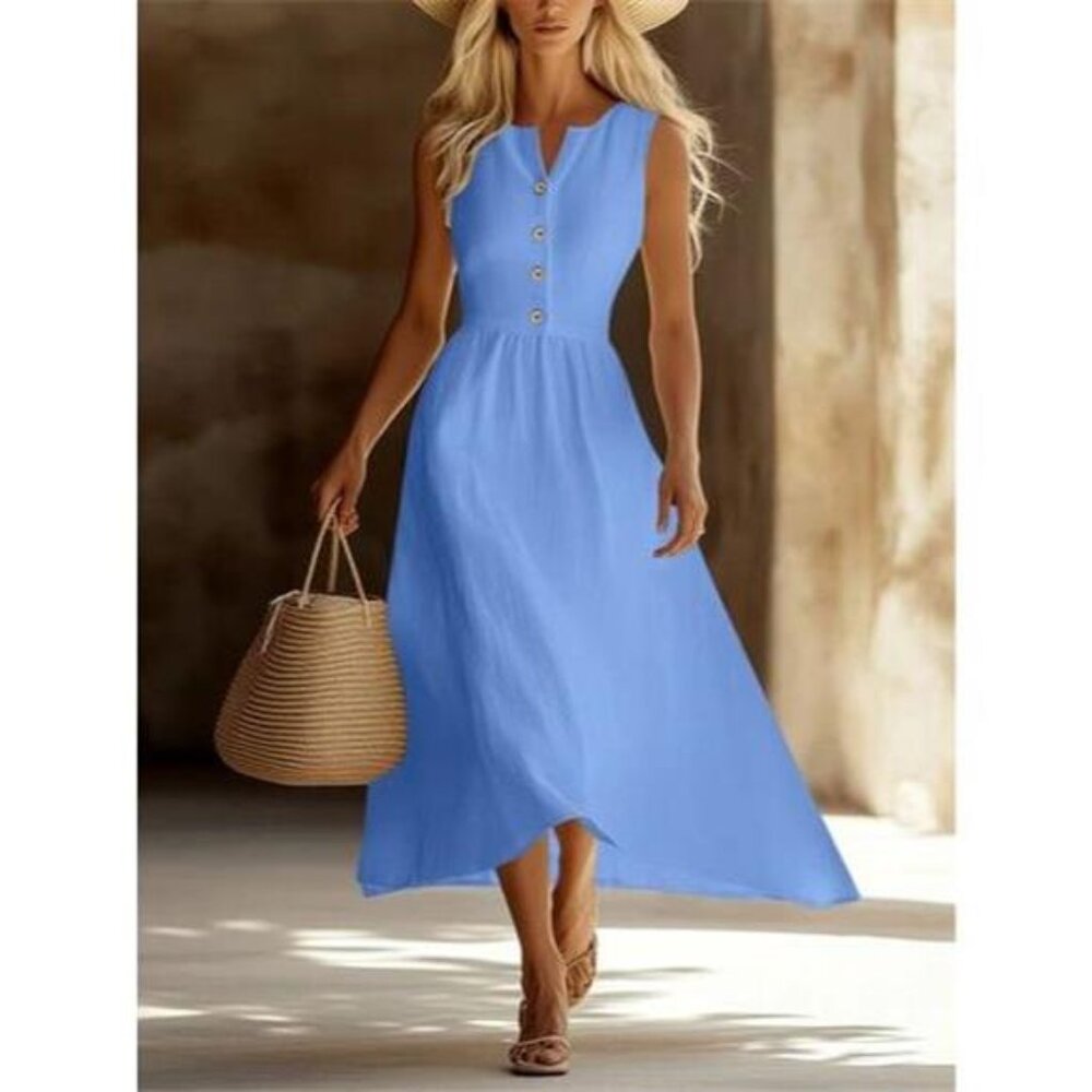 Sleeveless Button Front Flowy Midi Dress